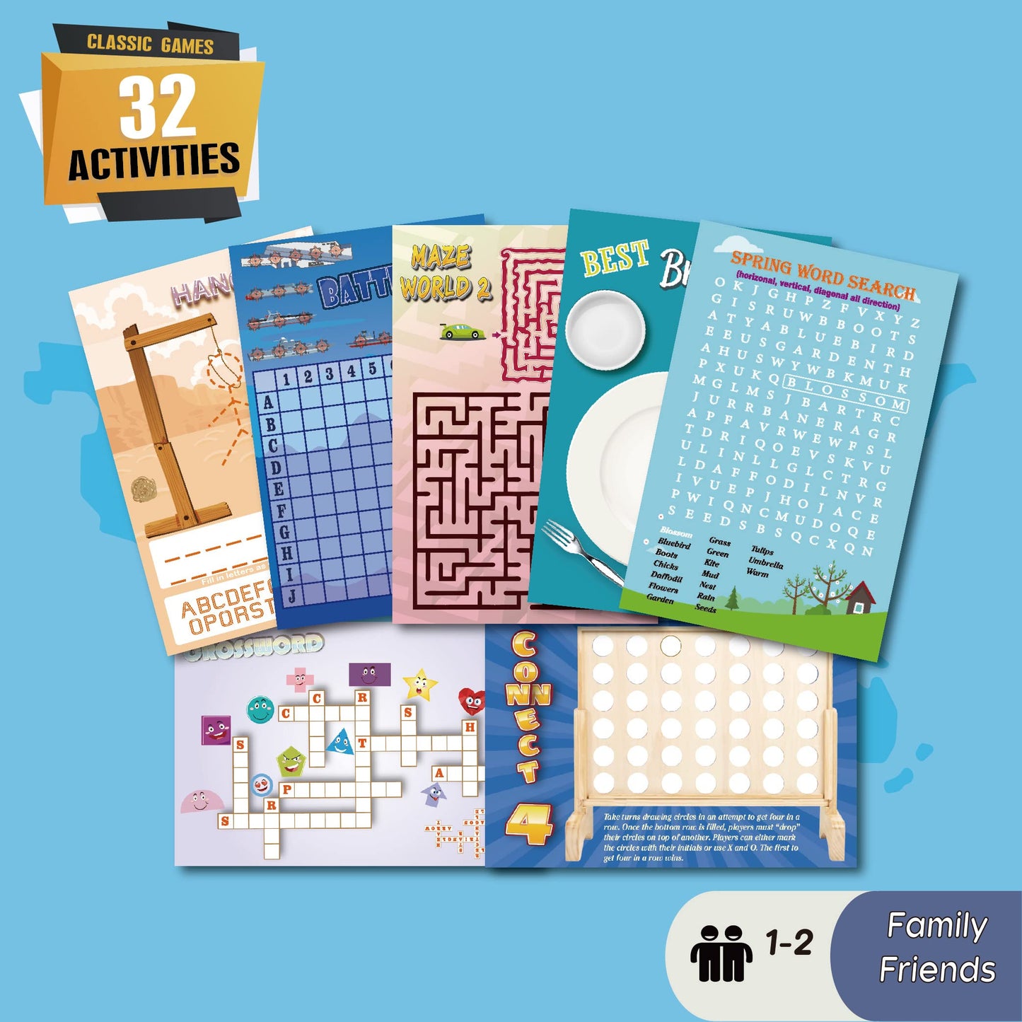 Grandlmoon 2 Pack Reusable 32 Activity Game Mats Pads With Dry Erase Marker As Travel Toy & Learning Tool For Ages 6-12 (9”X 6”)