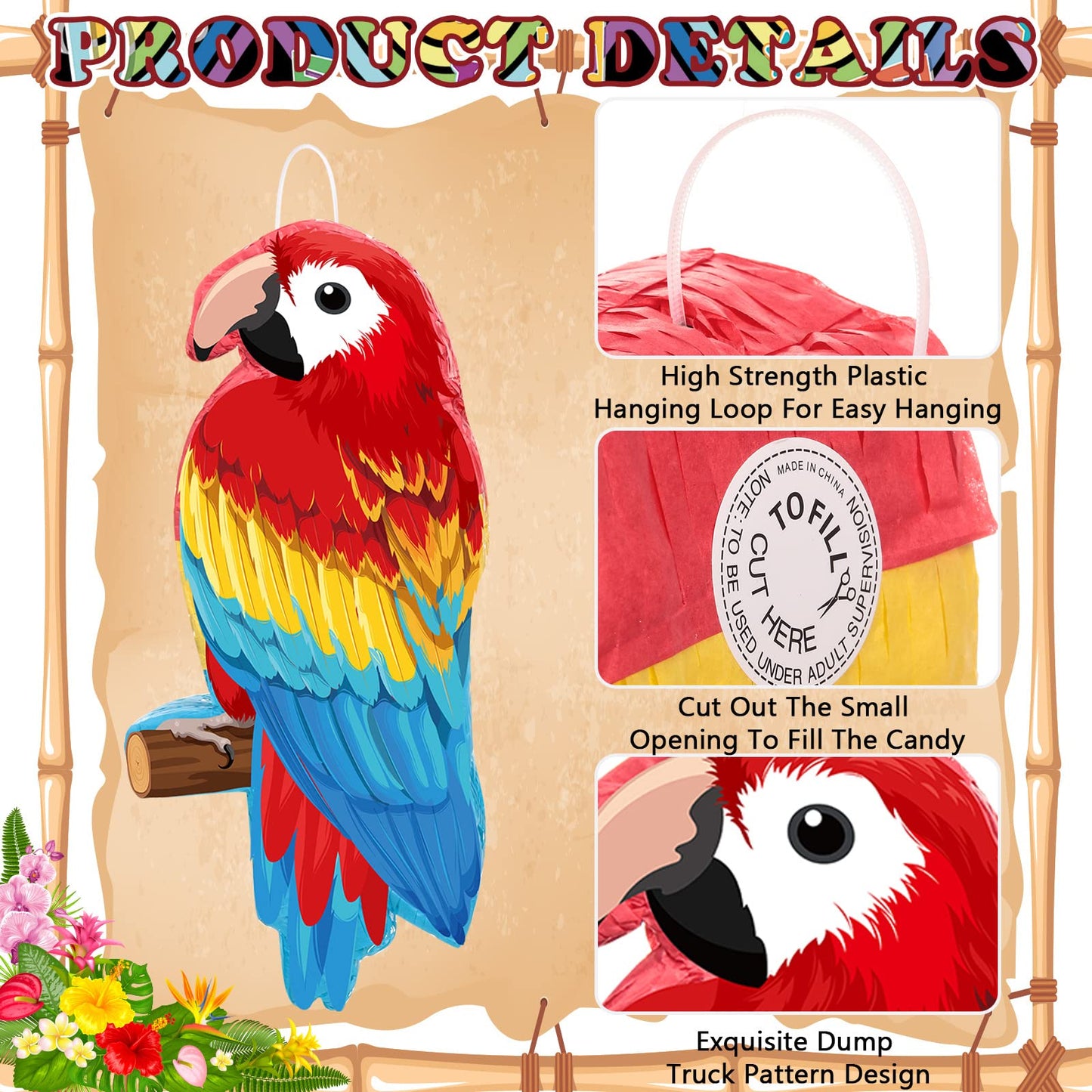 Threan Small Parrot Piata Hawaiian Party Supplies Parrot Piata Bird Toy with Blindfold Stick for Luau Hawaii Summer Rainforest T
