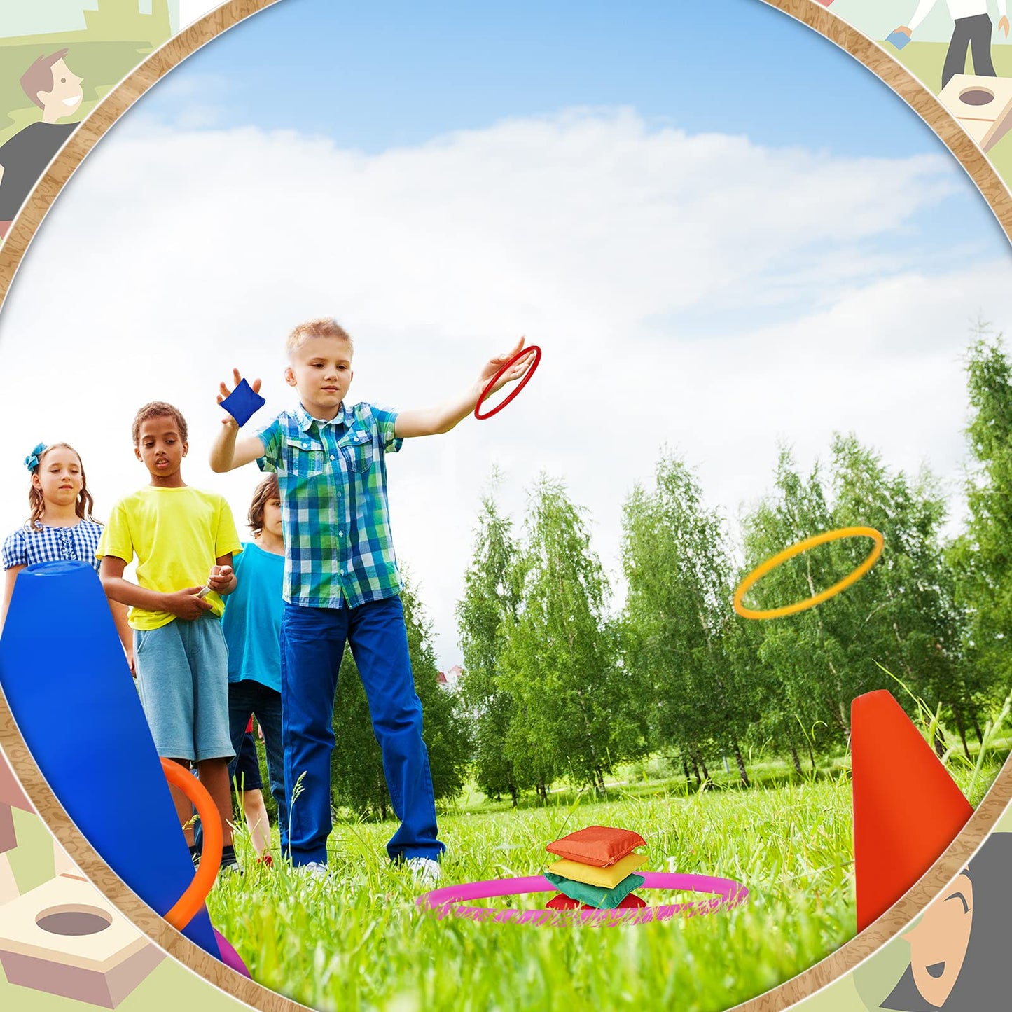 Win Sports 3 In 1 Carnival Outdoor,Combo Games Set,Soft Plastic Cones,Cornhole Bean Bags,Ring Toss Game,Kids Birthday Party Outdoor Games Supplies 26 Piece Set