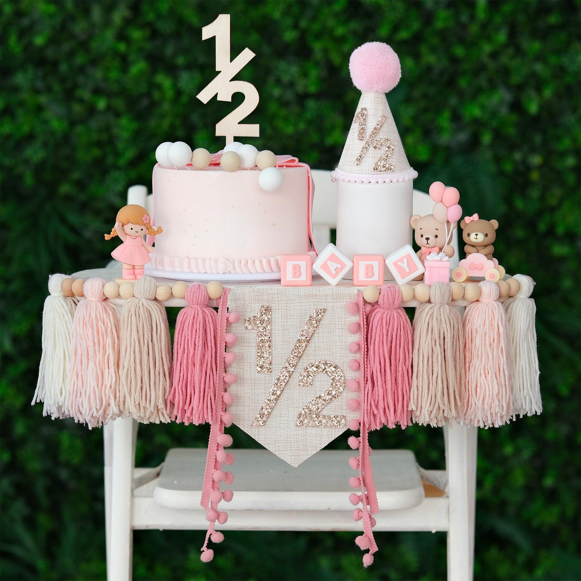 HODIHIWI 1/2 Pink Baby Girl Birthday Highchair Banner Wood Bead Tassel Garland Half Birthday Conical Cap Wooden Cake Topper Happ