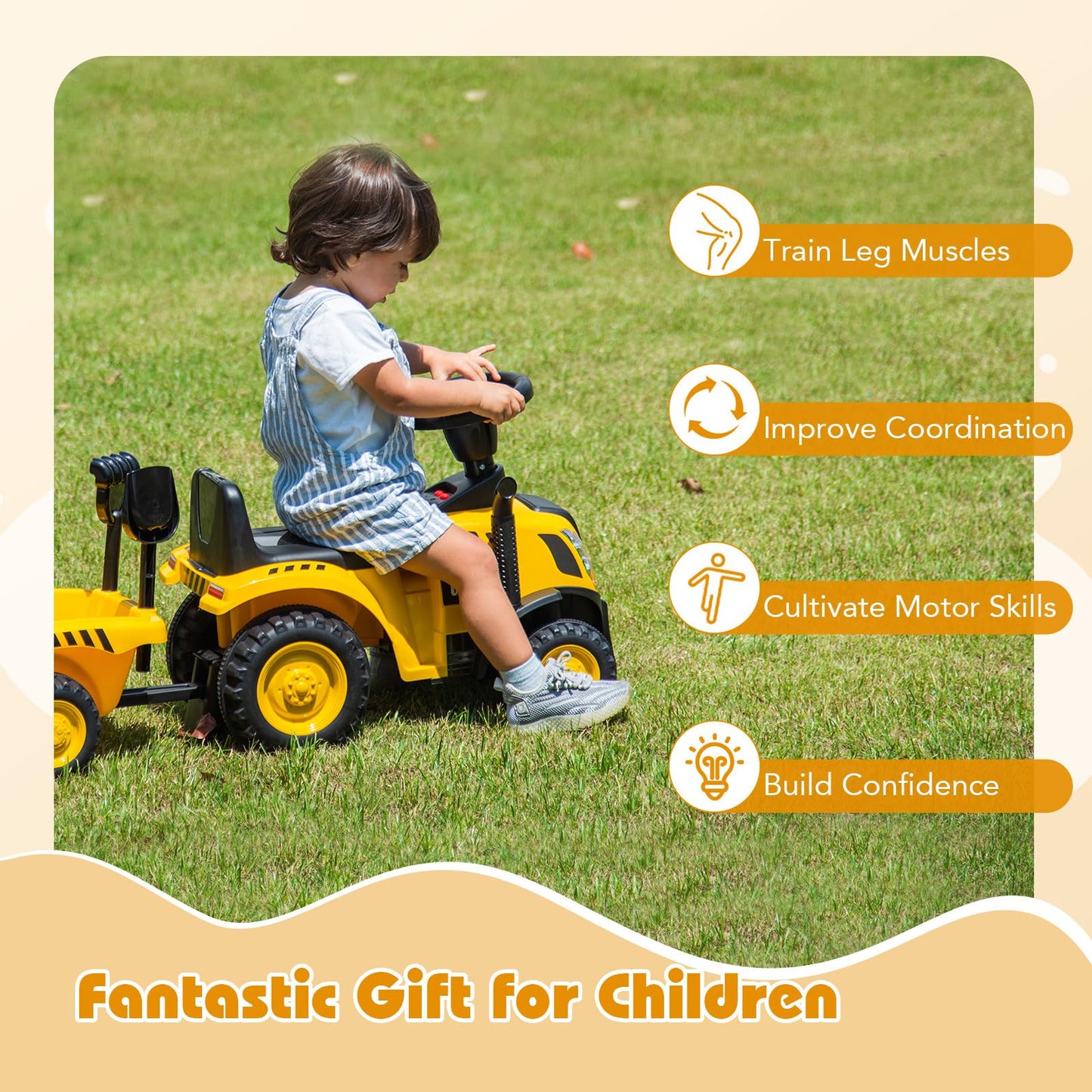 Costzon Kids Ride-On Tractor, 2-in-1 Push Car with Detachable Trailer, Yellow & Black, Large, Polypropylene, No Power