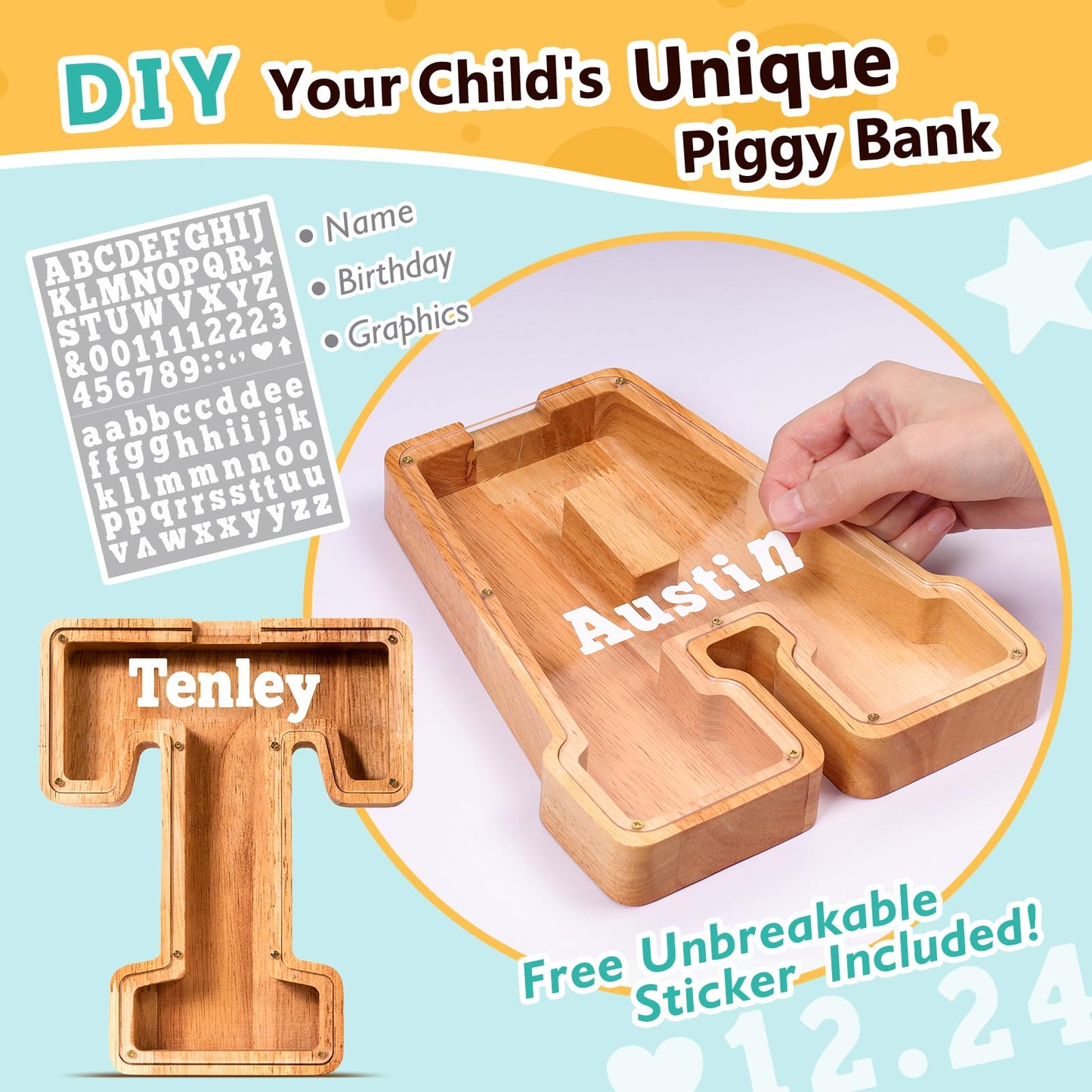 SummiDate Wooden Letter Piggy Bank Piggy Bank for Boys and girls Alphabet Money Bank Thanks Giving Gifts(Initial-T)