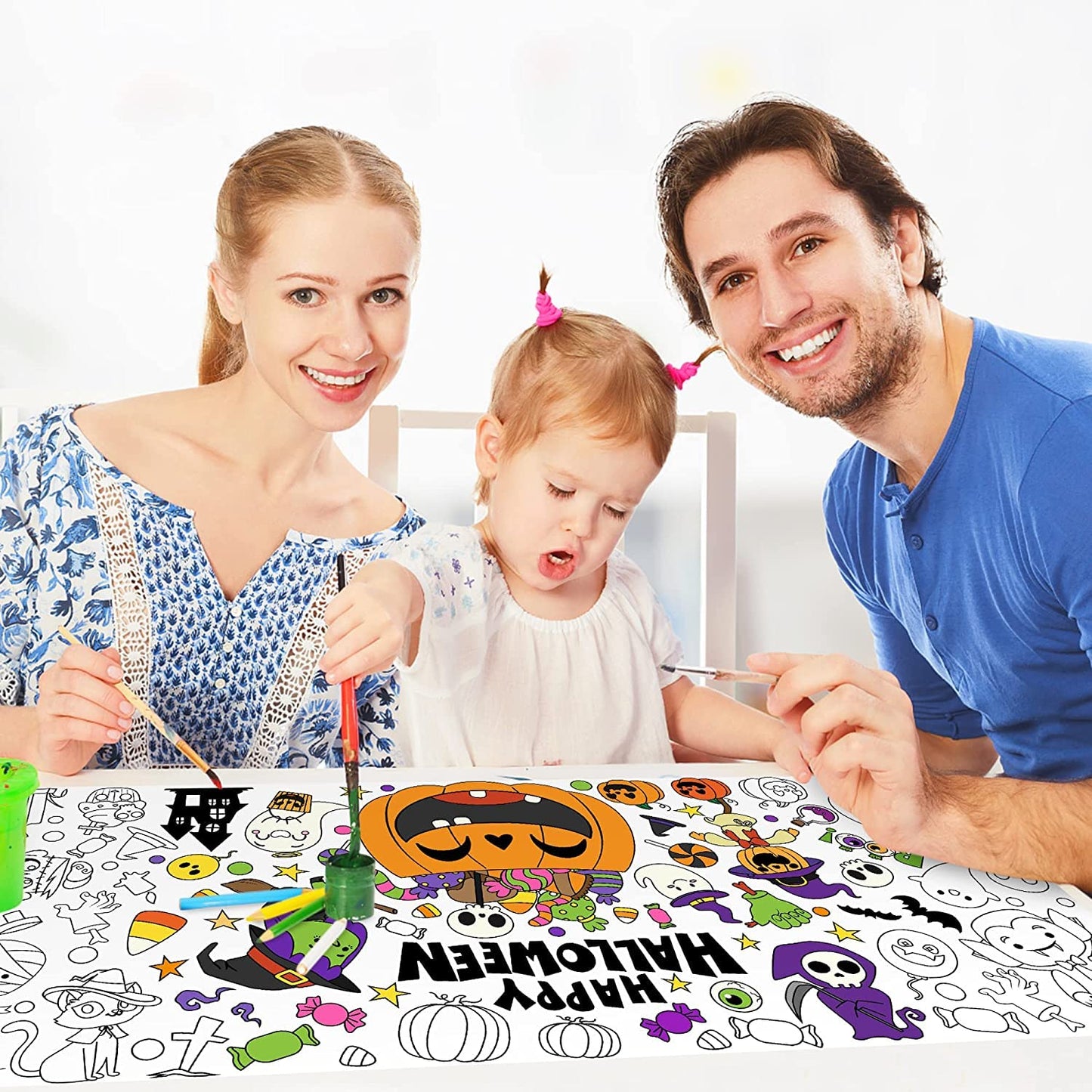 Haooryx Giant Halloween Theme Coloring Poster 4.6 x 2ft Jumbo Paper Happy Halloween Coloring Blank Banner with Pumpkin Witch Col