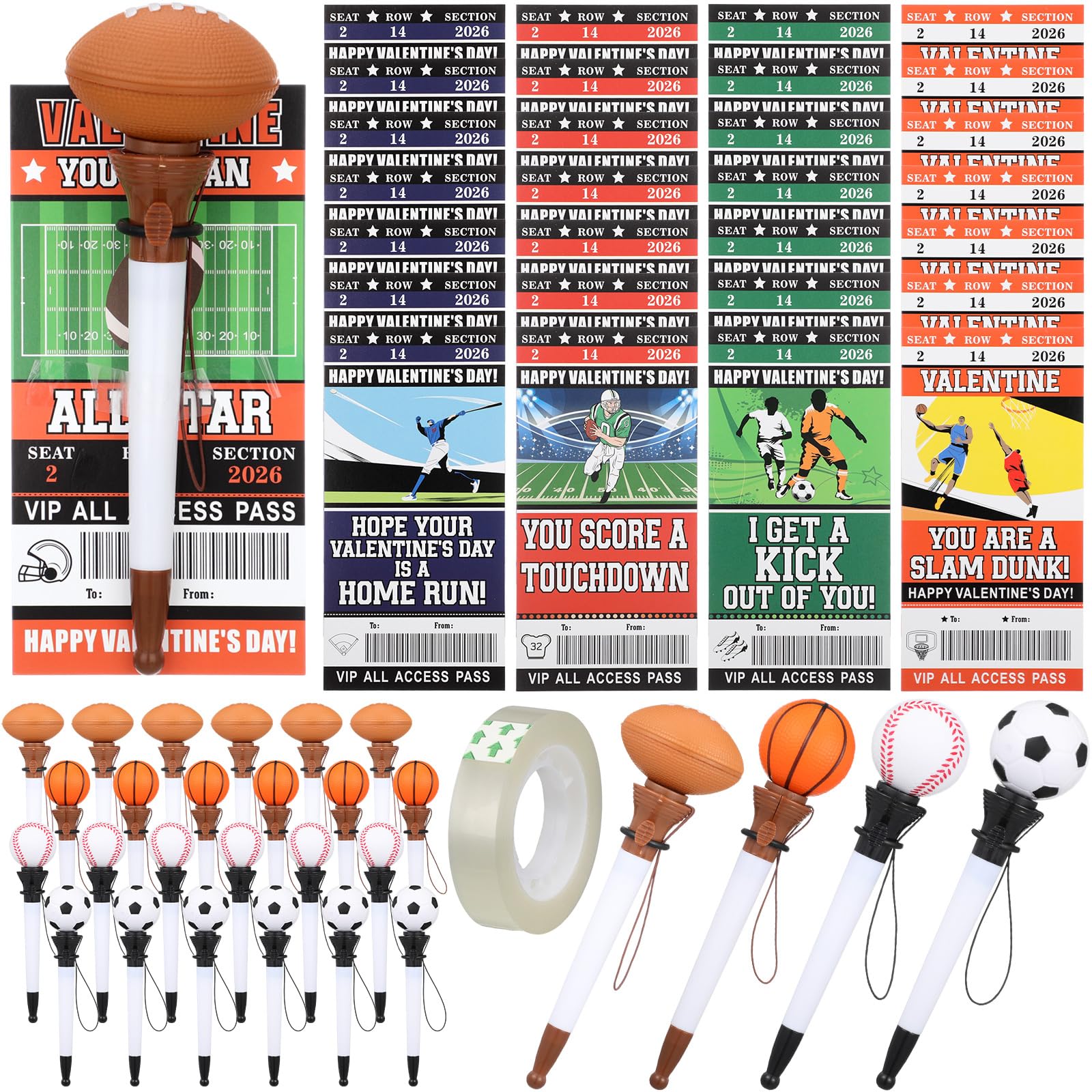 Sayglossy 28 Sets 2026 Sport Valentines Gift for Kids Boys Classroom Include Sport Funny Novelty Ballpoint Bulk with Exchange Ca
