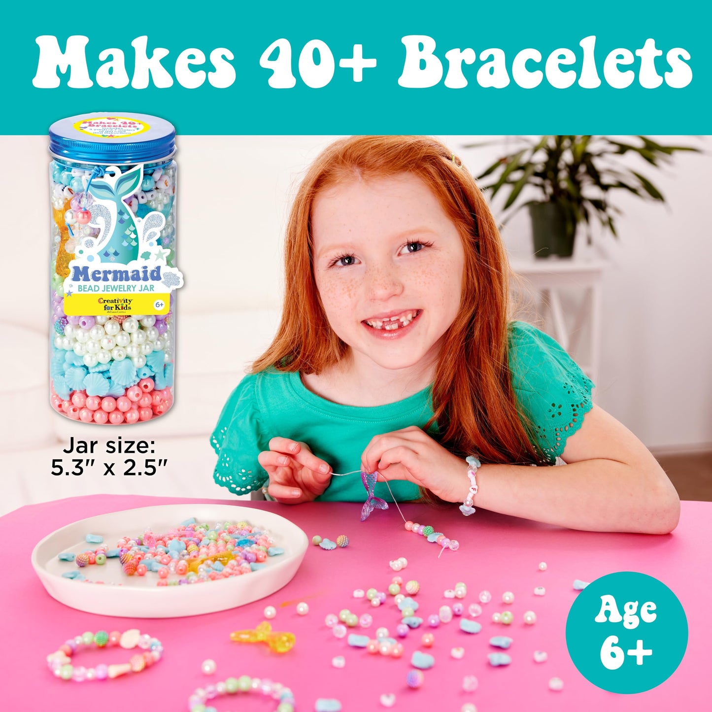 Creativity for Kids Mermaid Bead Jewelry Jar: Create 40+ Friendship Bracelets for Girls, DIY Girls Beads Jewelry Making Kit, Mer