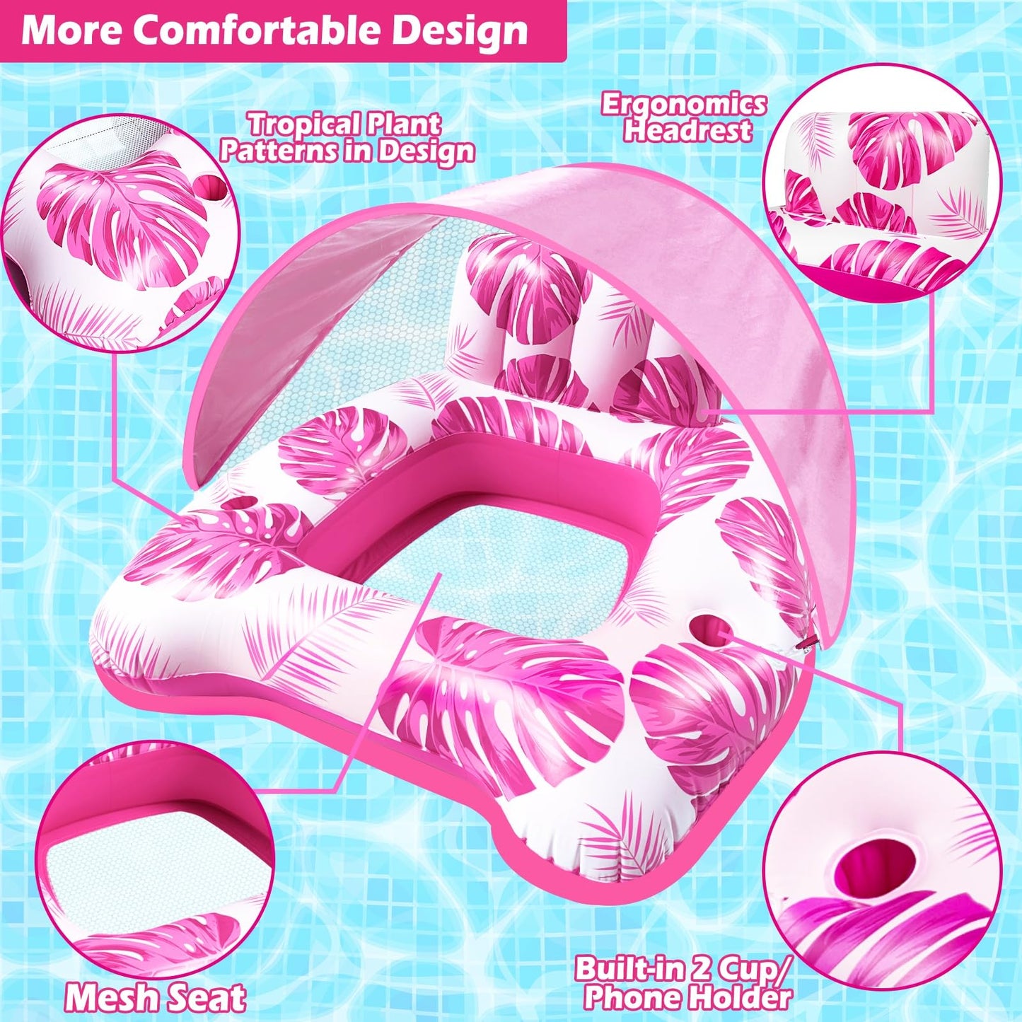 AMENON XL Pool Floats for mature-themeds with Adjustable Canopy  Cool Mesh Seat & Backdrest  Inflatable Pool Float mature-themed for Pool Lake Beach  Heavy Duty Floaties Chair  Tanning Pool Lounger with Drink Holder