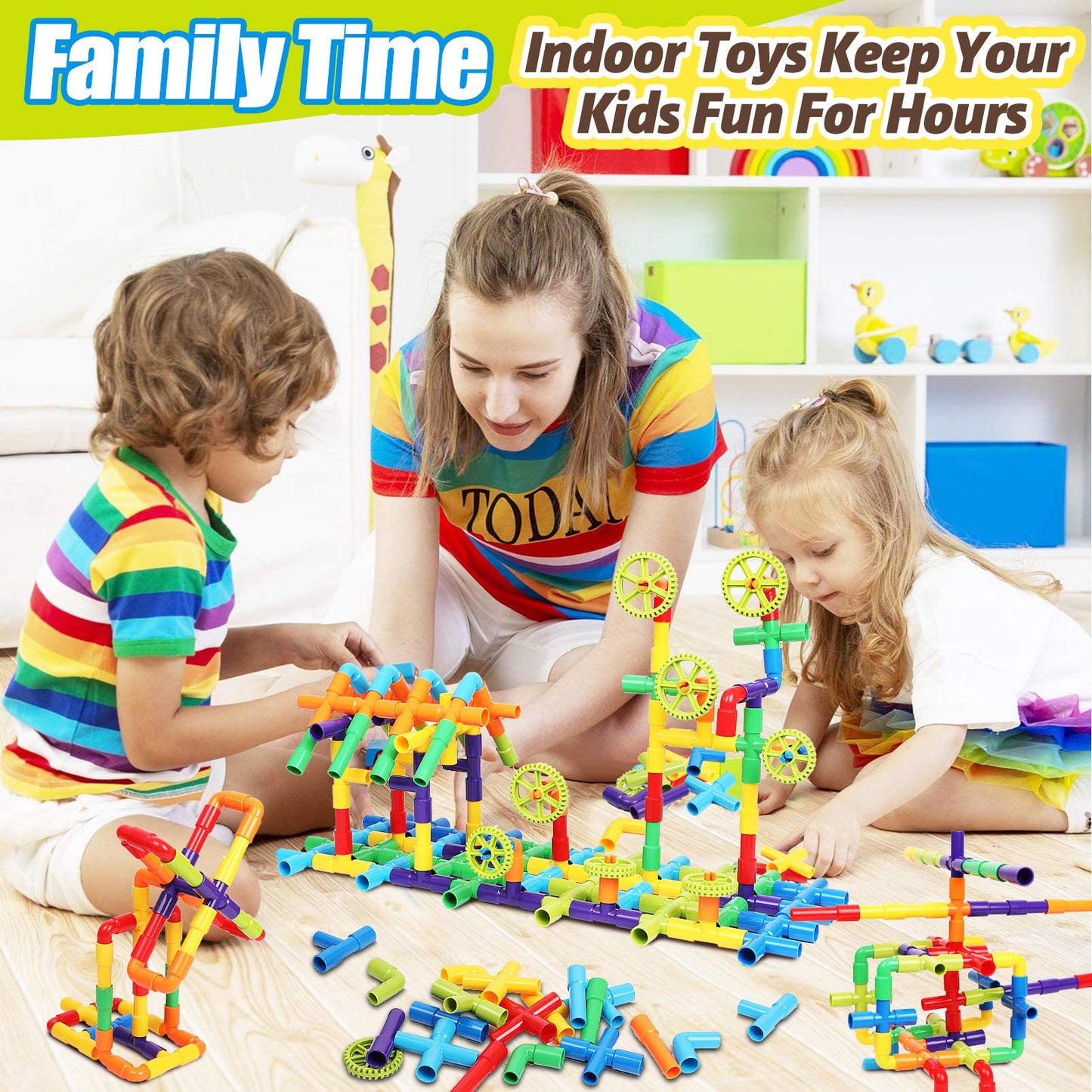 Wishalife 175 Pieces Stem Building Blocks Set, Kids Tube Locks Construction Set With Baseplate, Preschool Educational Pipe Toy Gift For Toddler Aged 3+