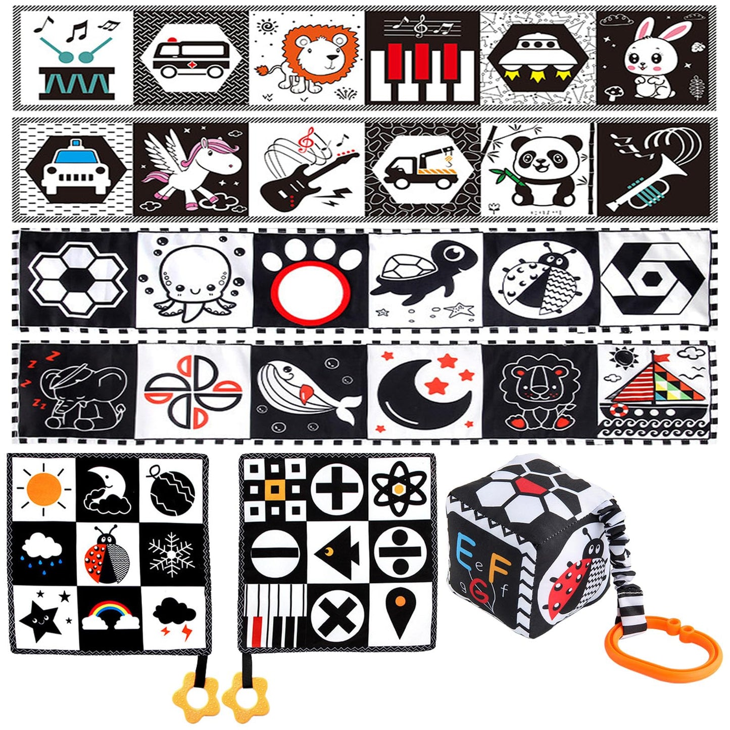 ONEST 4 Sets Black and White Books 0-6 Months High Contrast Sensory Baby Toys 6 to 12 Months Crinkle Touch Feel Teething Carseat