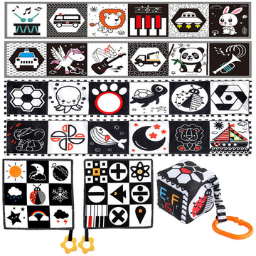 ONEST 4 Sets Black and White Books 0-6 Months High Contrast Sensory Baby Toys 6 to 12 Months Crinkle Touch Feel Teething Carseat