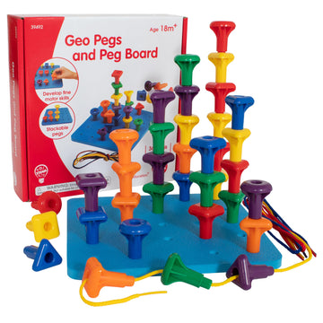 Edxeducation Geo Pegs And Peg Board Set - 36 Pegs In 3 Shapes And 6 Colors + 3 Laces - Ages 18M+ - Homeschool Supplies For Presc