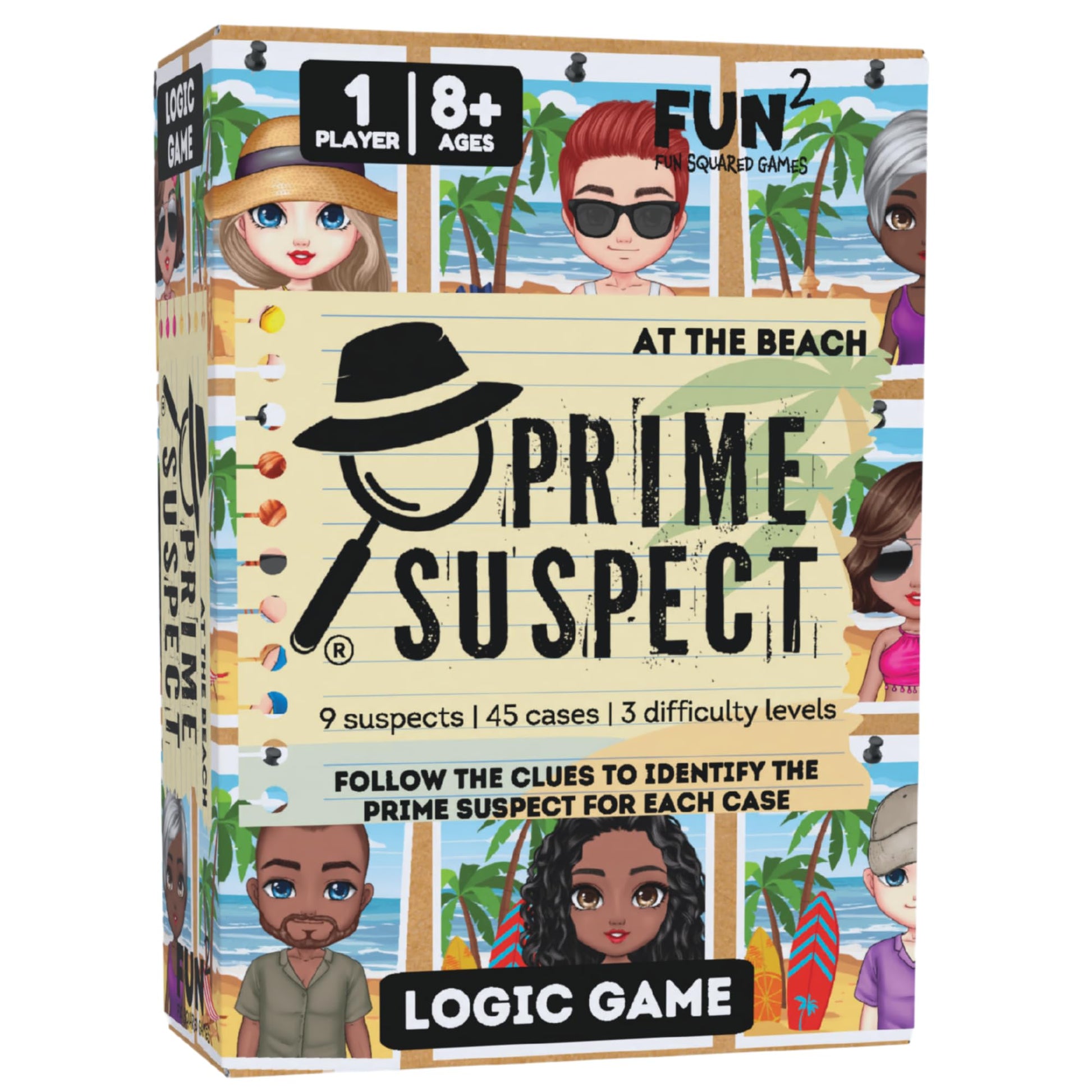 Fun Squared Games Prime Suspect: at The Beach - Logic Deduction Puzzle Game with 45 Case Cards | Single or Cooperative Play | Ag
