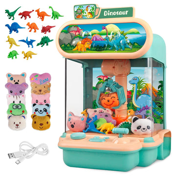 Claw Machine For Kids,Mini Dinosaur Vending Machines Candy Grabber Prize Dispenser Pink Toys For Boy Girl,Electronic Arcade Game With 10 Mini Plush Toys And 12 Dinosaur Toys For Easter Birthday Gifts