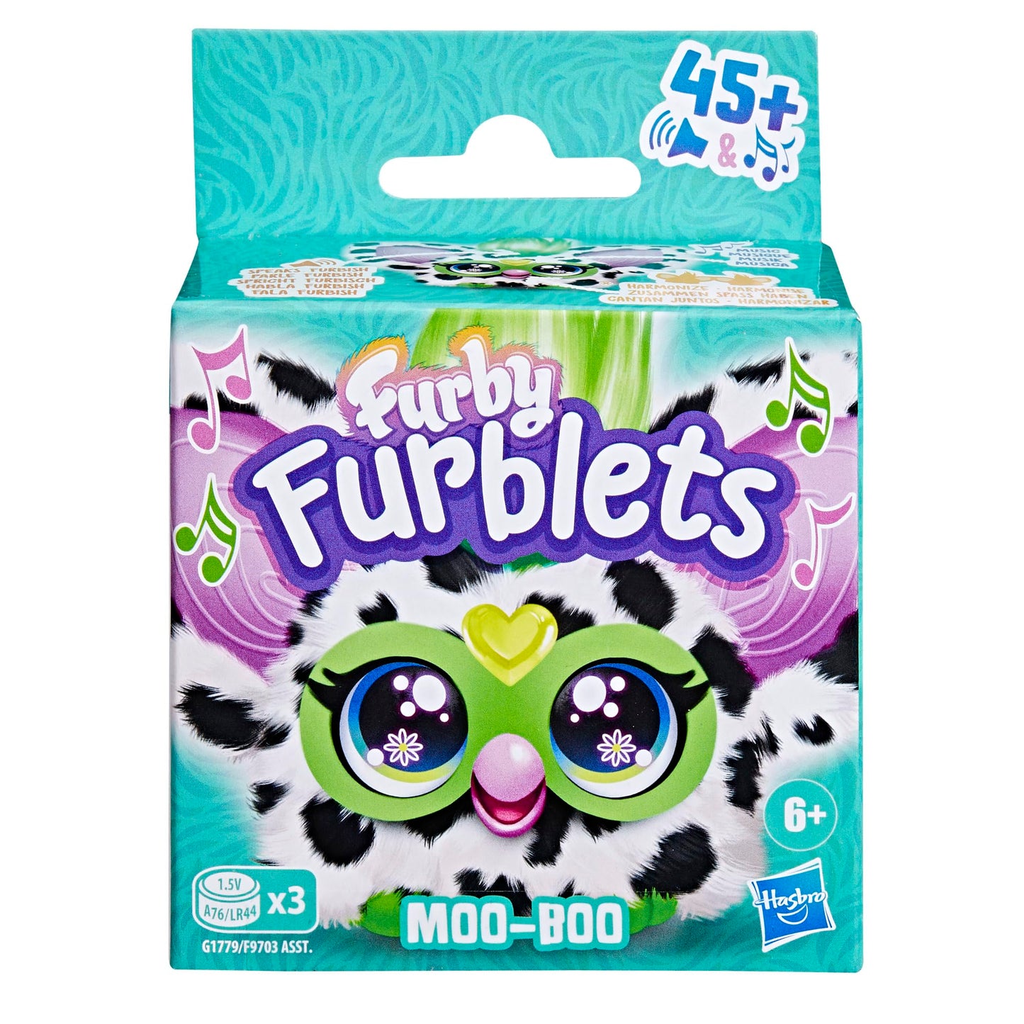 Furby Furblets Moo-Boo Mini Friend, Electronic Plush Toy for Kids 6+, Black & White, Model G1779
