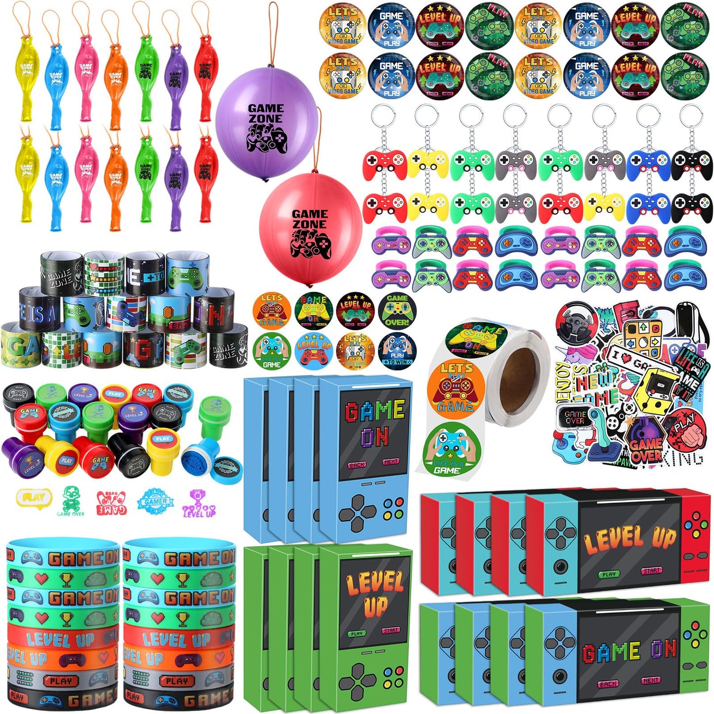 HyDren 179 Pcs Video Game Party Favors Includes Video Game Goodie Treat Boxes Punch Balloons Silicone Bracelets Keychains Badges