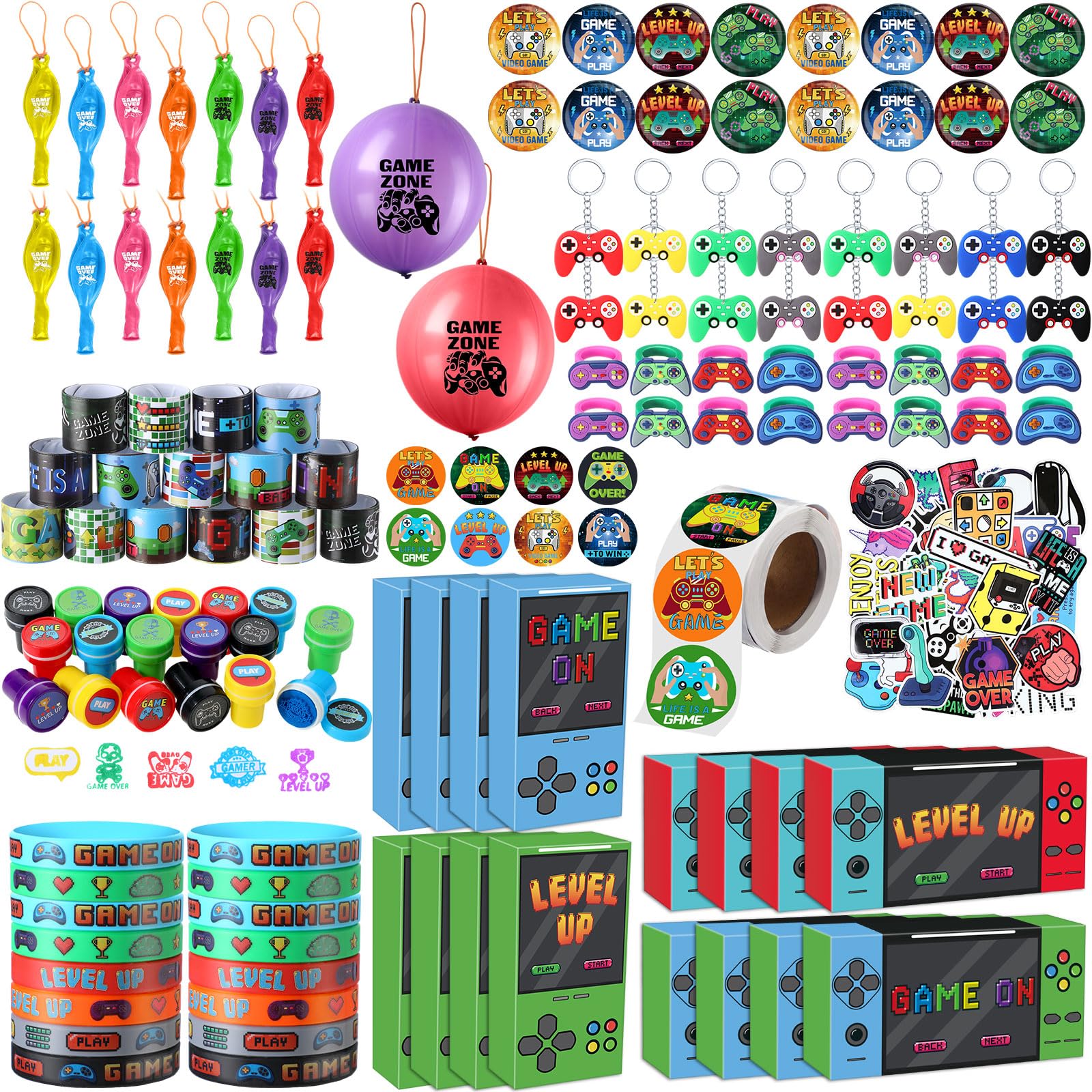 HyDren 179 Pcs Video Game Party Favors Includes Video Game Goodie Treat Boxes Punch Balloons Silicone Bracelets Keychains Badges