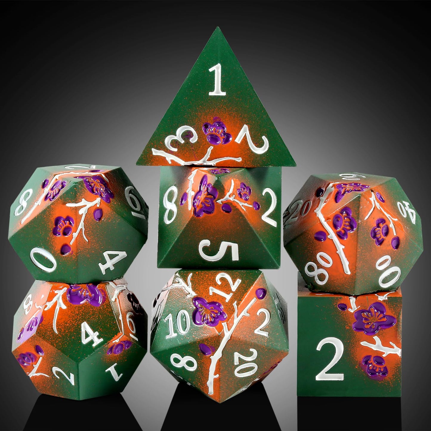 DNDND Metal Dice, 7 PCS Metallic Flowers D&D Dice with Gorgeous Gift Case for DND Dungeons and Dragon Tabletop Game (Army Green