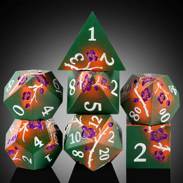 DNDND Metal Dice, 7 PCS Metallic Flowers D&D Dice with Gorgeous Gift Case for DND Dungeons and Dragon Tabletop Game (Army Green