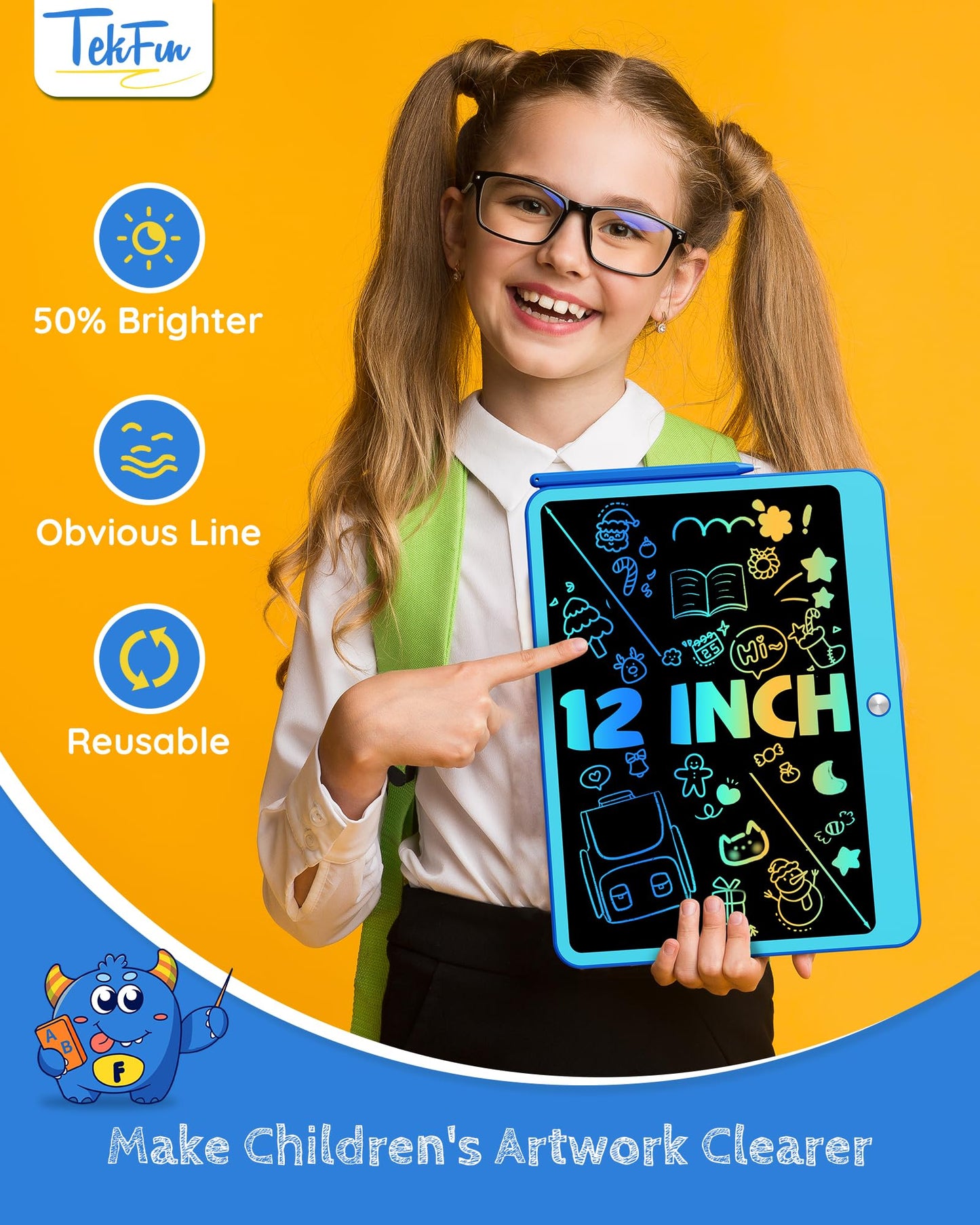 TEKFUN Kids Toys Gifts for 3+ Years Old Boys Girls Toddler, 12inch LCD Writing Tablet Erasable Drawing Tablet Writing Pads, Kids