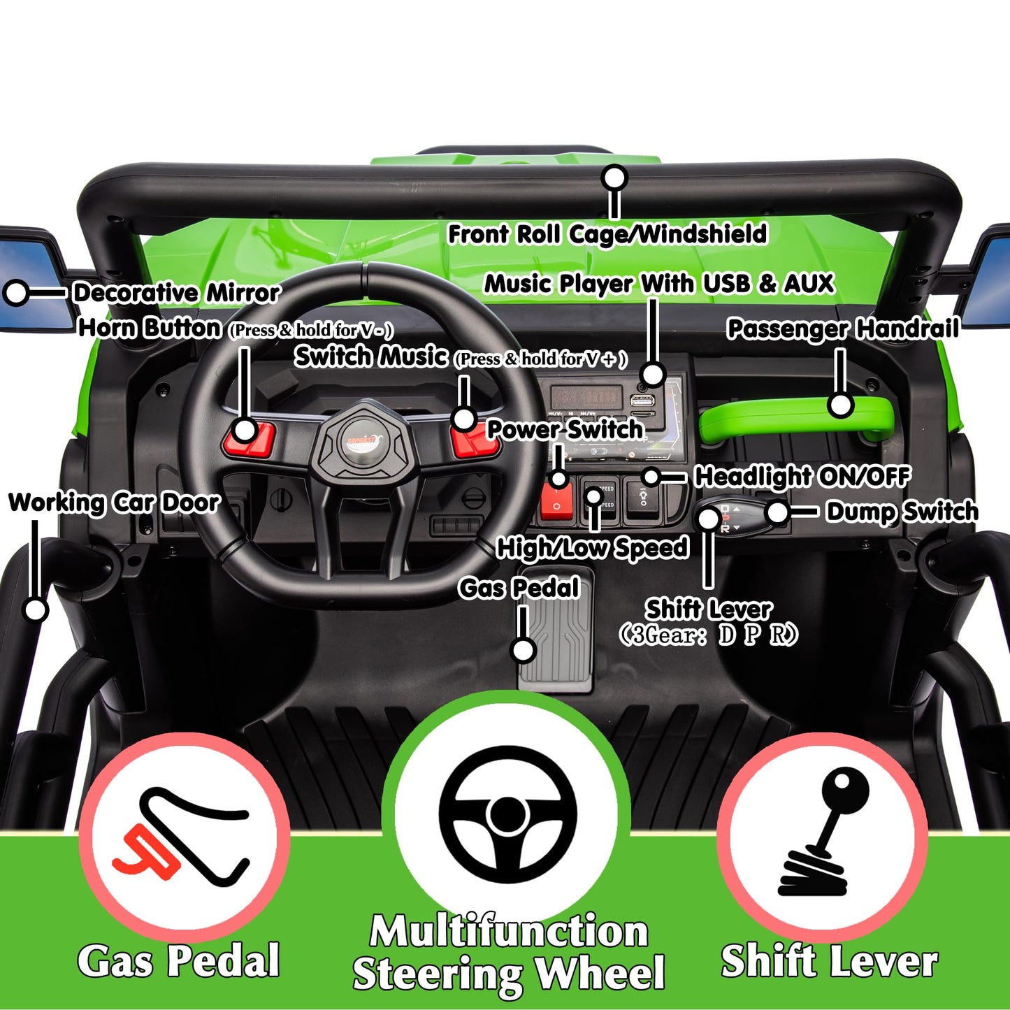 Sopbost 2 Seater 24V Kids Ride On Truck With Electric Dump Bed, Extra Shovel, 4Wd Battery Powered Ride On Toy Car With Remote Control, Music Play, Eva Tires Wheels, Green