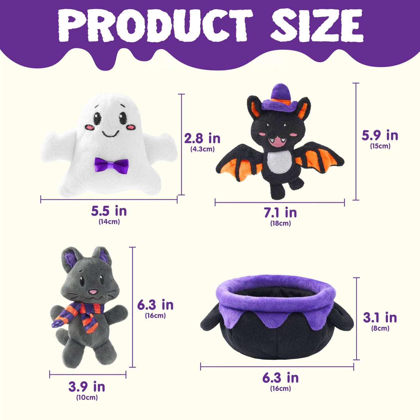 JOYIN 4PCS Baby Halloween Plush Toy  Plushie Cauldron with Ghost Bat Cat  Halloween Playset for Kid Trick or Treat  School Classroom Party Favor Supply Gift  Goodie Bag Stuffer Filler  Prize and Treat