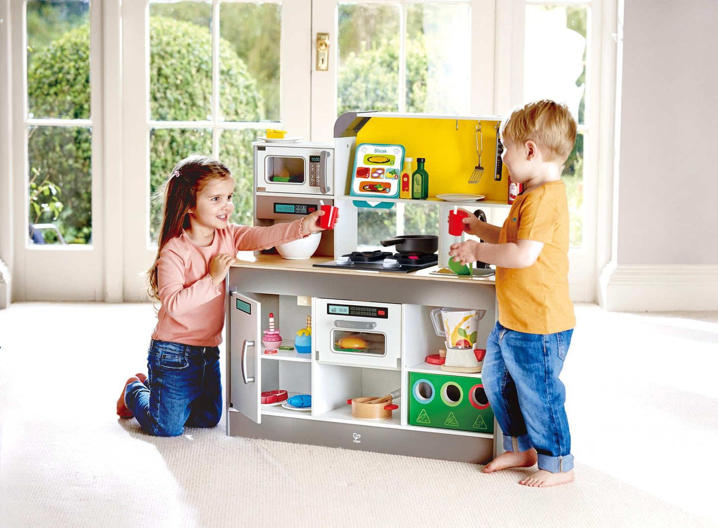 Hape E3177 Deluxe Game Kitchen With Microwave, Coffee Maker, Refrigerator, Oven, Hob With Frying Pan Fun With Many Accessories, From 3 Years, L: 34.9, W: 11.7, H: 35.4 Inch