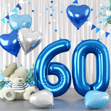 Biapian 40 Inch Blue Number 60 Balloons, 8Pcs Large Foil Number 6 & 0 Balloons With 18'' Blue Silver Heart Shape Balloon For 60T