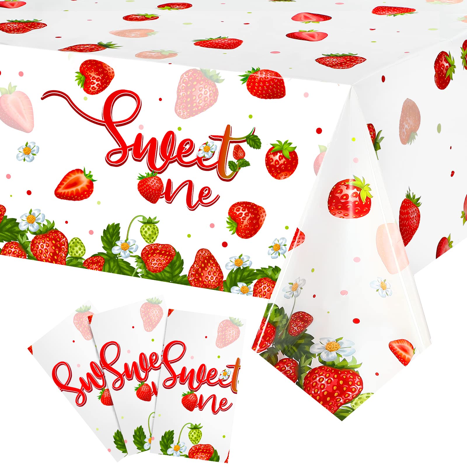 Tiamon 3 Pcs 108 x 54 in Strawberry Party Tablecloth Sweet One Birthday Table Cover Berry First Birthday Decorations Strawberry 