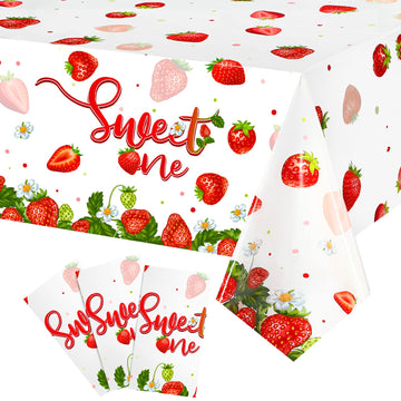 Tiamon 3 Pcs 108 x 54 in Strawberry Party Tablecloth Sweet One Birthday Table Cover Berry First Birthday Decorations Strawberry 