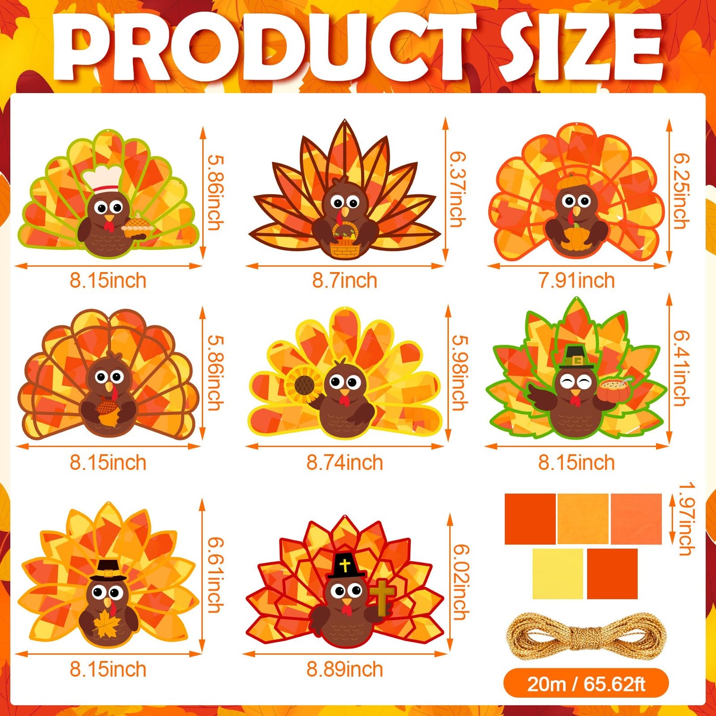 DoubleFill 48 Pcs Thanksgiving Turkey Suncatchers Craft Kit DIY Paper Tissue Crafts Window Stained Glass Effect Turkey Arts Proj