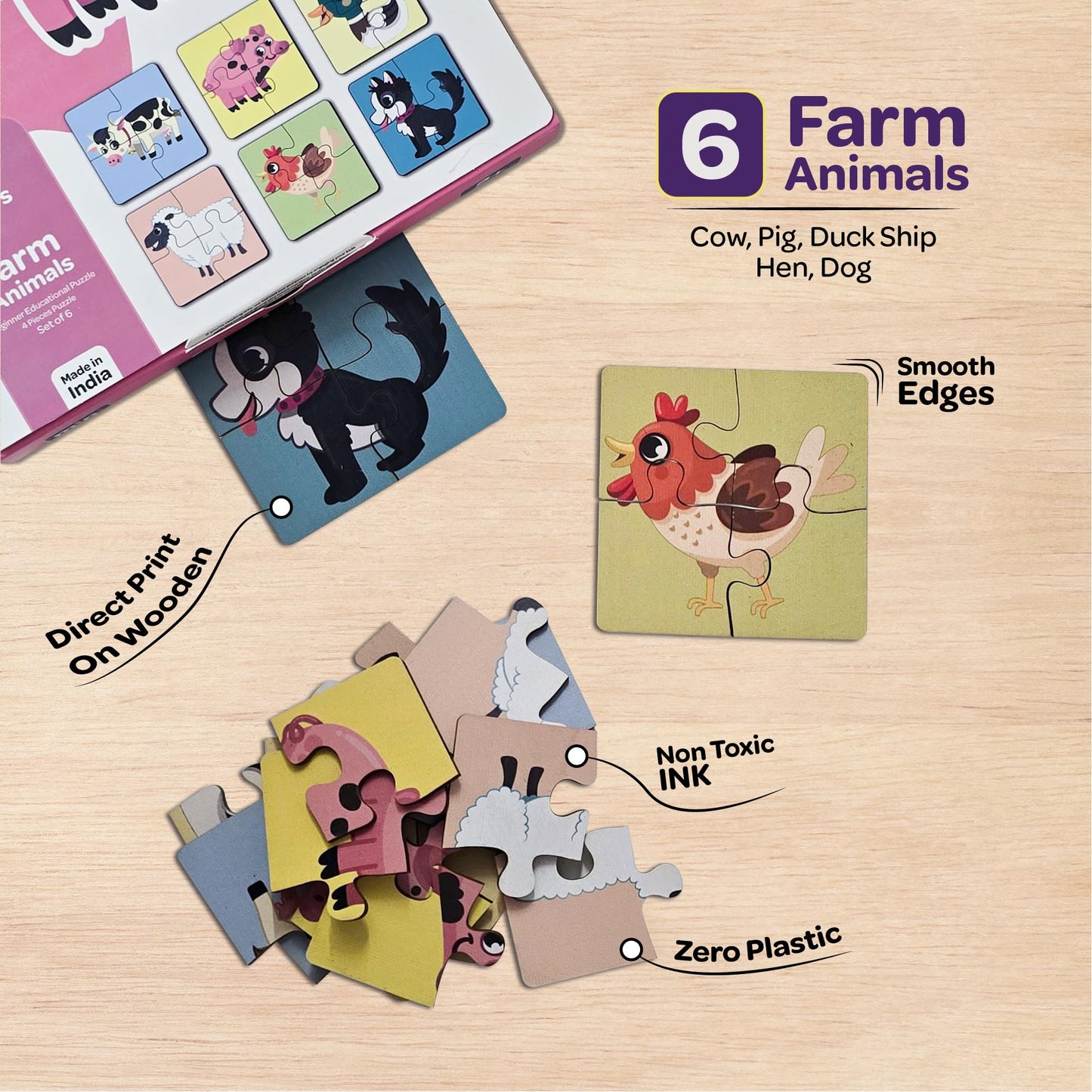Mini Leaves 4 Piece Wooden Puzzle For Kids - Set Of 6 Farm Animals Jigsaw Puzzle - Puzzles For Kids For Age 2 And Above - Safe &