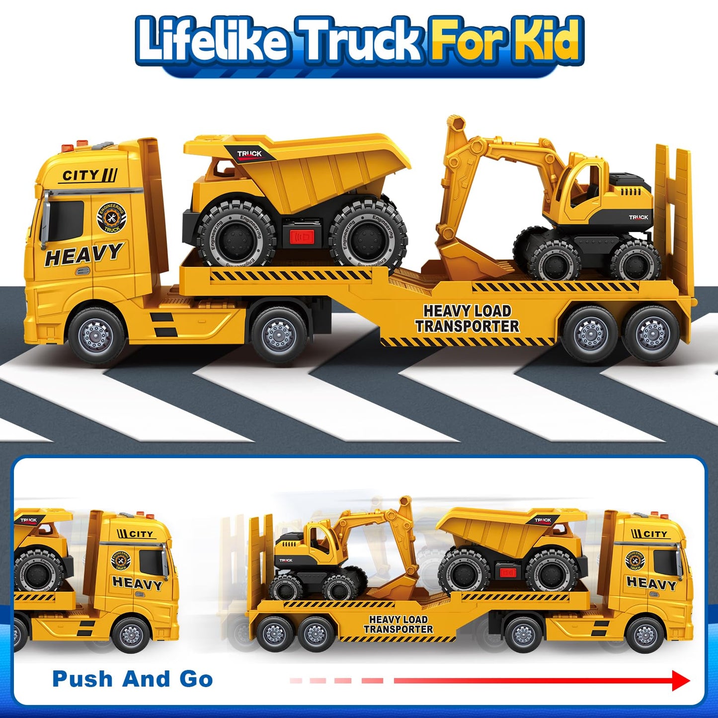 SpringFlower 3 4 5 6 Toddler Boy Toys, 25'' Construction Carrier Truck Toy with Excavator and Dump Truck,3 in 1 Truck Boy Toy, C