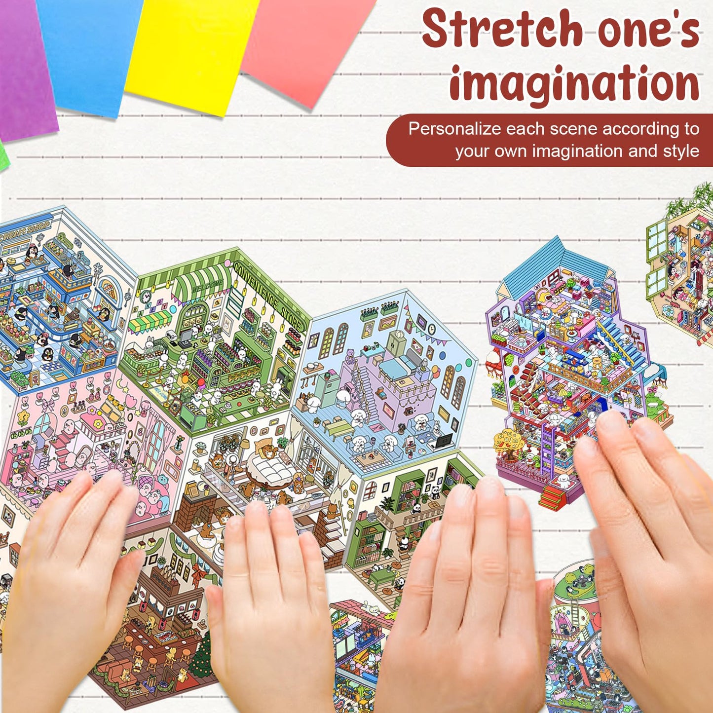 DIY 3D Sticker Scene, 12 Sets Fun DIY 3D House Stickers, Make Your Own Mini Room Scenes, Cute Cartoon 3D Miniature Scene Sticker