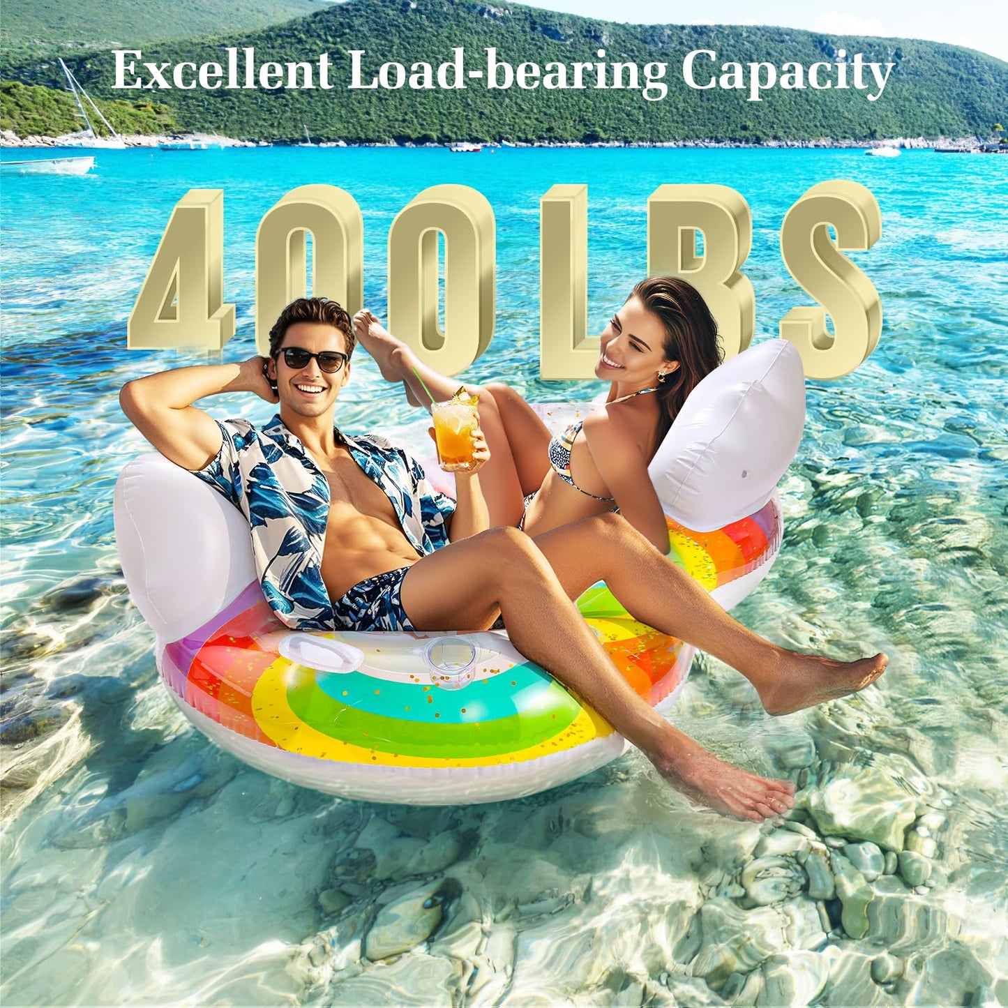 HeySplash Pool Floats mature-themed  2 Seat Inflatable Rainbow Float with Cloud Backrests and Handles  Pool Float with Cup Holders for Family/Friends/Couple  Pool Float Chair for Beaches  Lakes  Pool Parties
