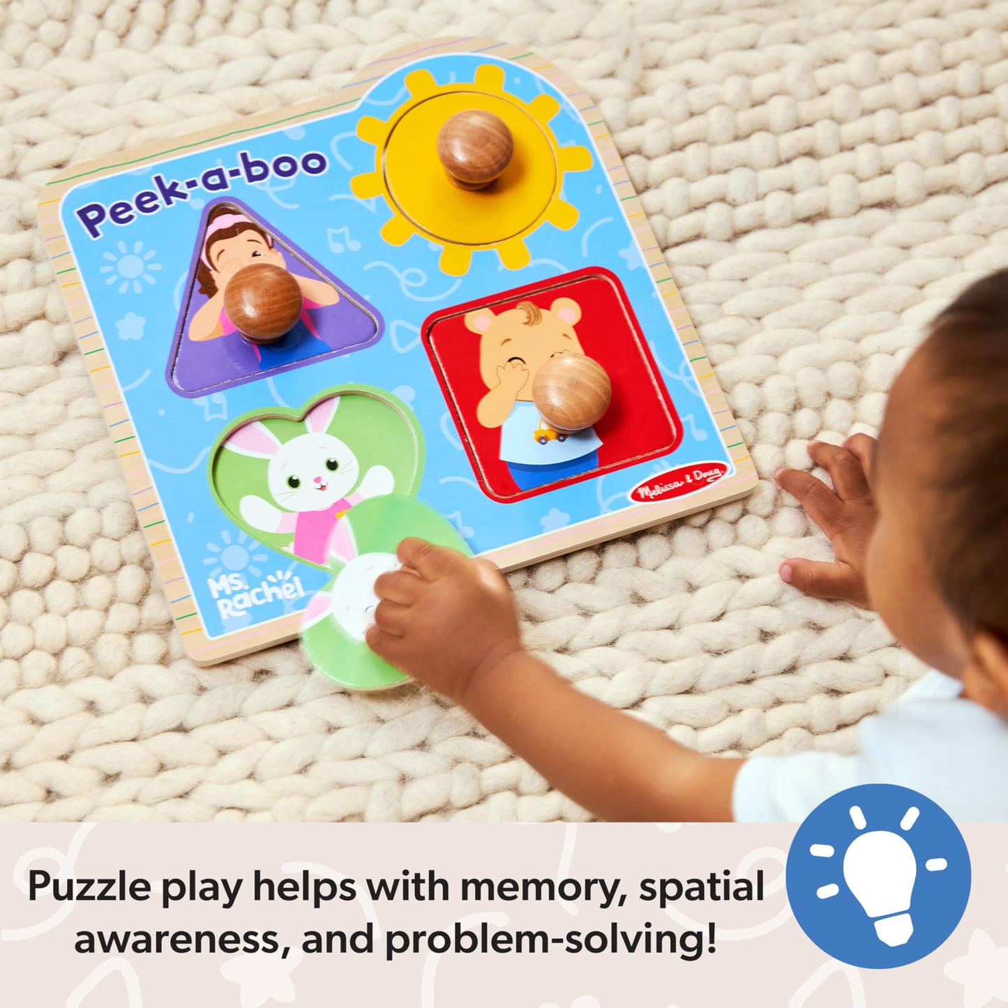 Melissa & Doug? Ms. Rachelwooden Peek-A-Boo Jumbo Peg Puzzle, 4-Piece With Mirror, Toddler Toys For Boys And Girls Ages 1+ Years