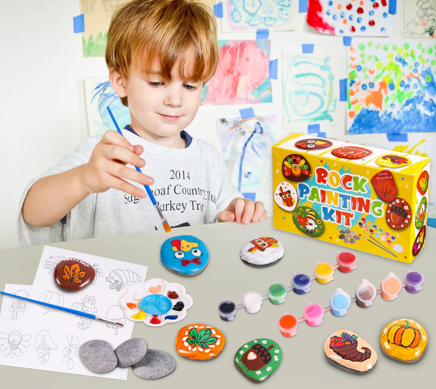 80UncleKimby Fall Thanksgiving Rock Painting Kit: Arts and Crafts for Kids - Include DIY Stones, Water Paint, Tattoos, Gifts Toy