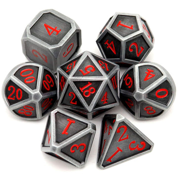 Haxtec Ancient Silver Metal DND Dice Set D&D 7PCS Large Rounded Antiue Iron RPG Dice Red Numbers for Dungeons and Dragons TTRPG 