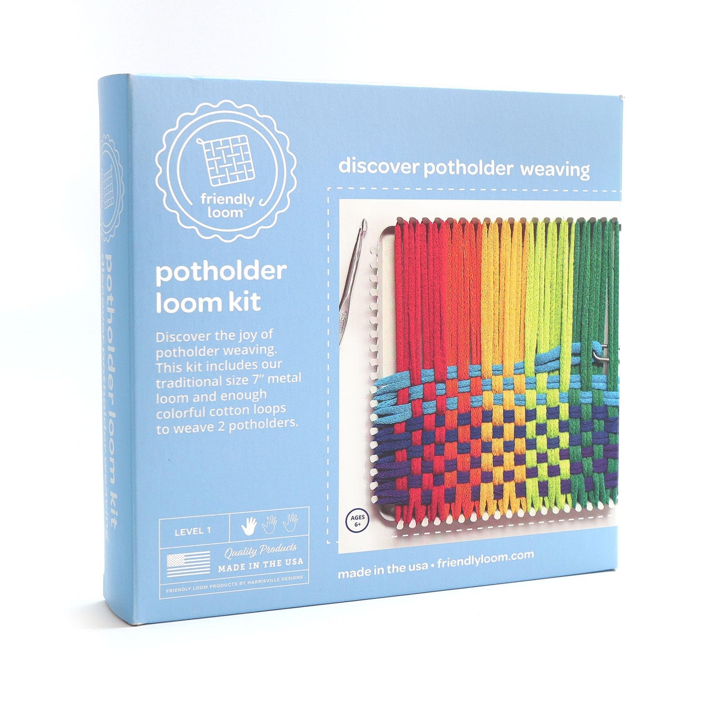 Harrisville Designs Potholder Weaving Kit - 7" Metal Loom, Cotton Loops, Multicolor - Weave 2 Potholders, Model F550