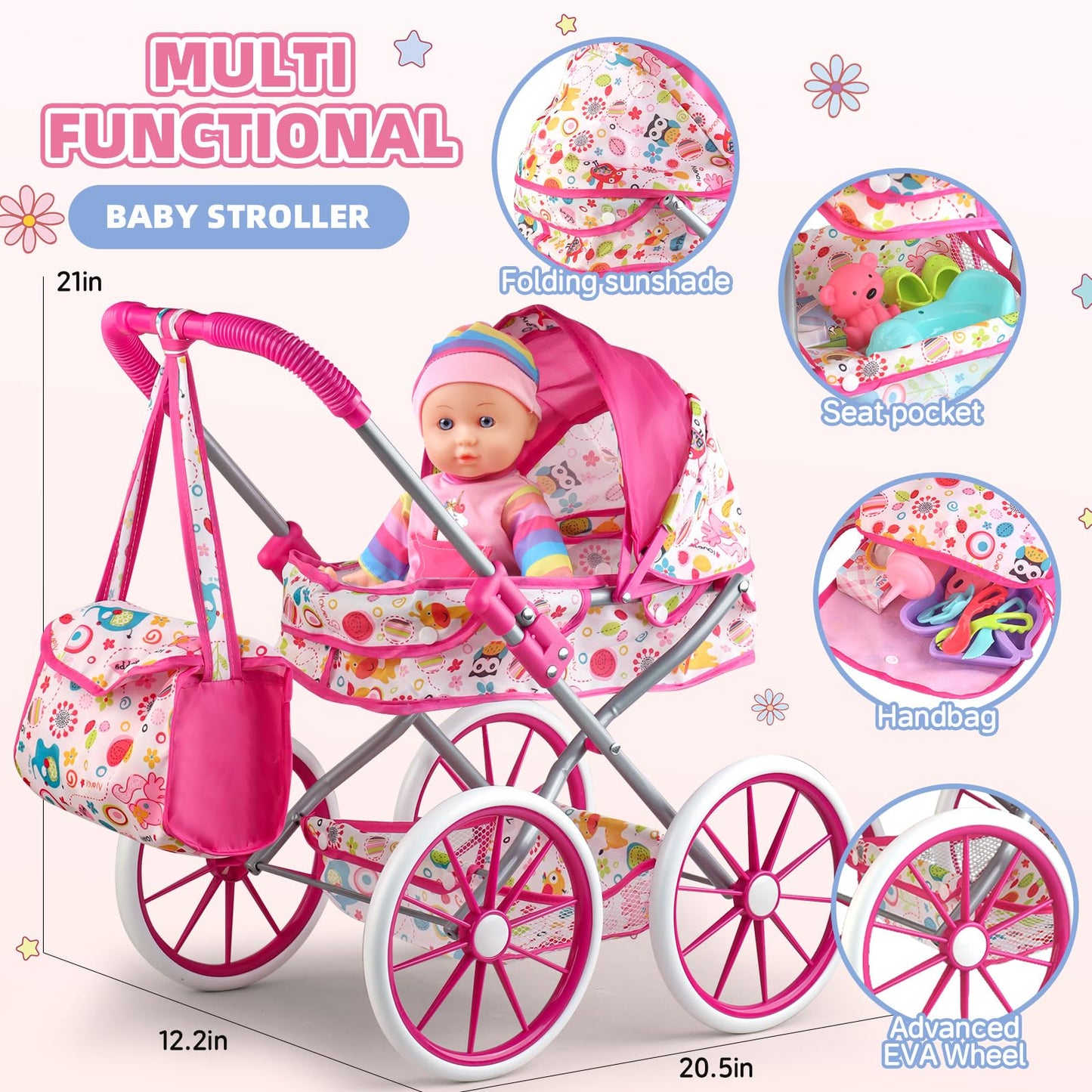 Baby Doll Stroller Toys Set With 12.5'' Baby Doll,Dining Chair,Quilt Pillow,24 Pcs Baby Doll Accessories And 2 Sets Doll Clothes