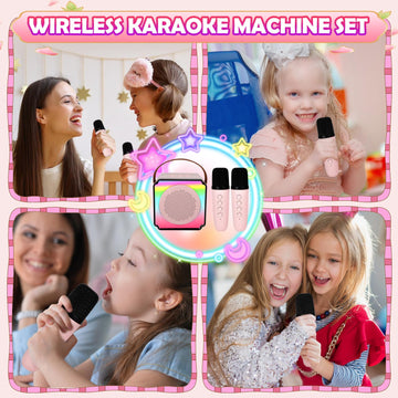Deao Karaoke Machine For Kids Adults,Portable Bluetooth Speaker With Wireless Microphones, Fun Voice Changing Function-Toys For 5 6 7 8 9 10 Year Old Girl Boys Birthday Gifts (Pink)