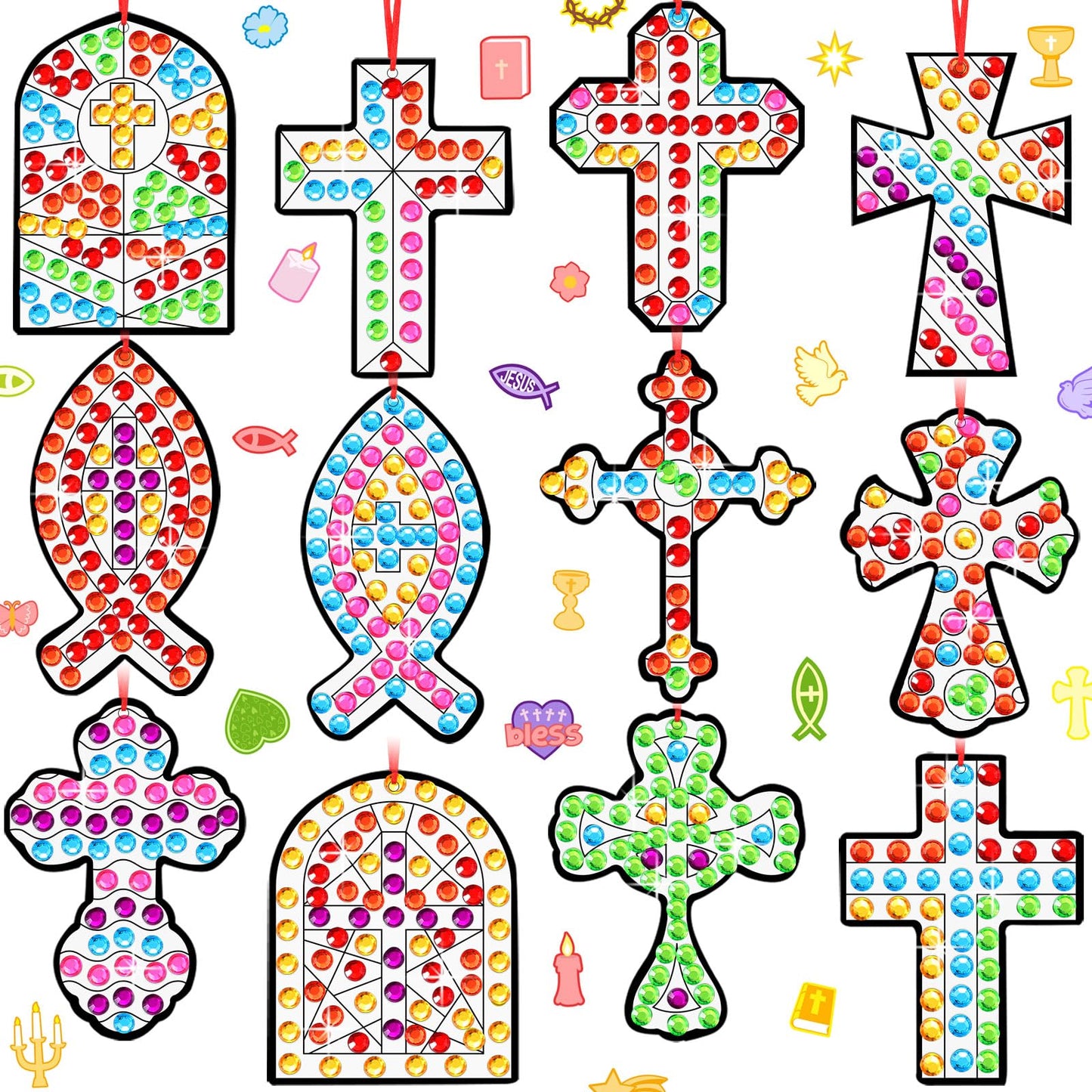 WinnerWhy 36 Sets Religious Suncatchers Crafts DIY Christian Cross Window Art Kits Religious Cross Gem Diamond Art Craft with Ge