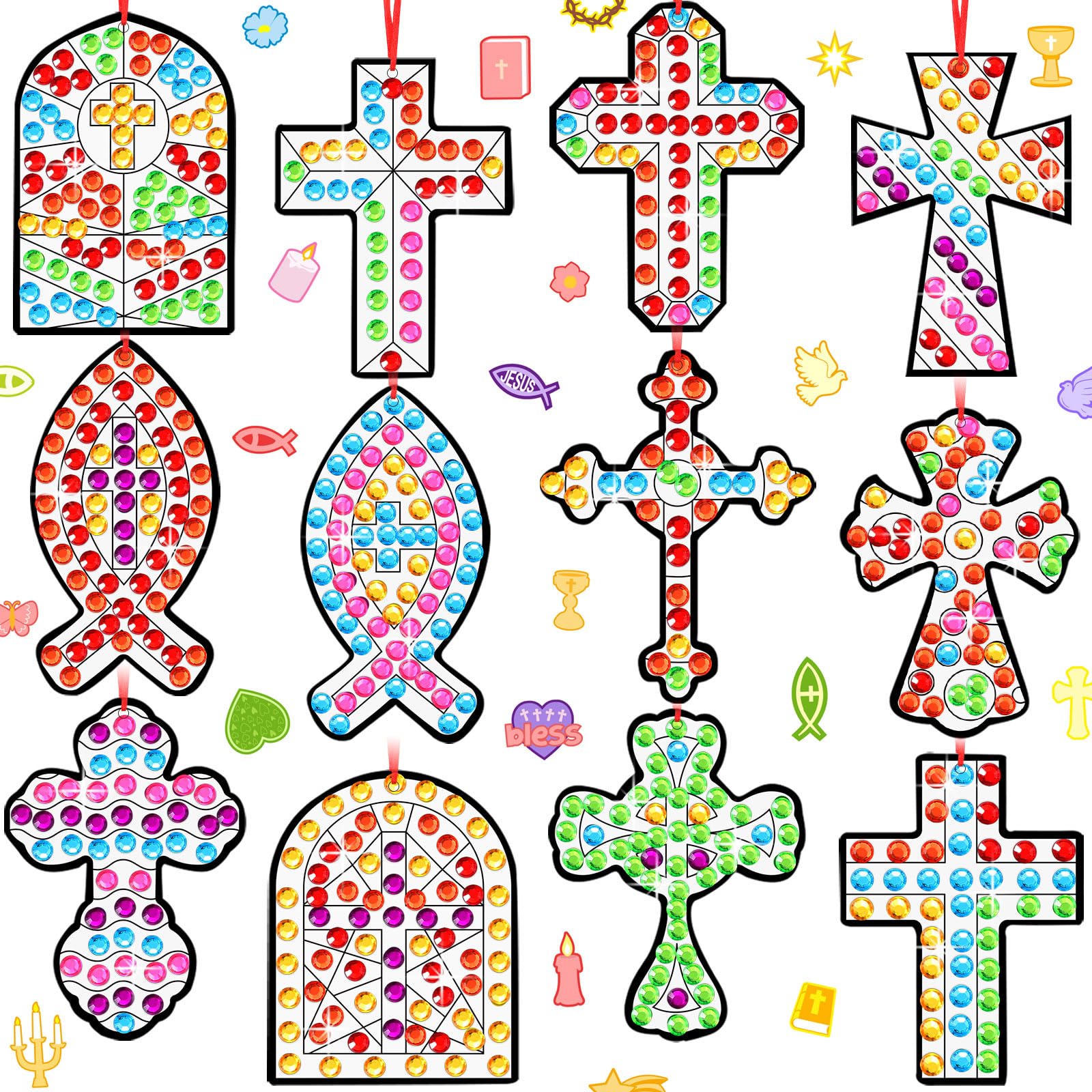 WinnerWhy 36 Sets Religious Suncatchers Crafts DIY Christian Cross Window Art Kits Religious Cross Gem Diamond Art Craft with Ge