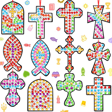 WinnerWhy 36 Sets Religious Suncatchers Crafts DIY Christian Cross Window Art Kits Religious Cross Gem Diamond Art Craft with Ge
