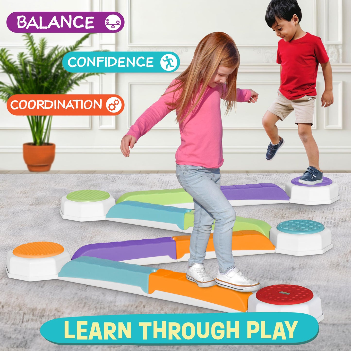 Acorn Avenue Balance Beam And Toddler Stepping Stones 13 Pieces, Non-Slip Plastic Balance Stackable Stepping Stones, Sensory Toy