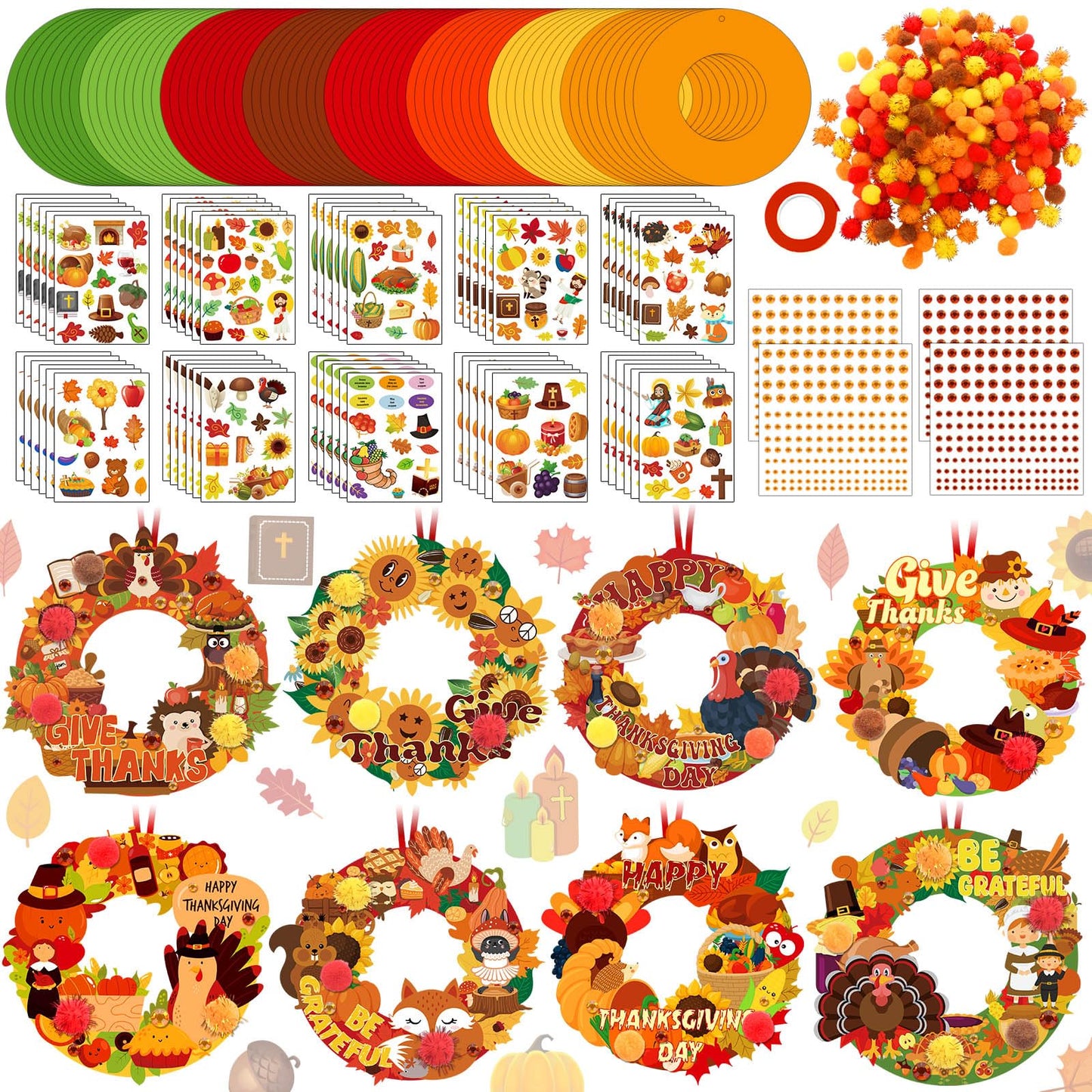 Hollowfly 48 Sets Thanksgiving Wreath Crafts DIY Give Thanks Wreath Hanging Ornaments Make Your Own Paper Grateful Crafts for Fa