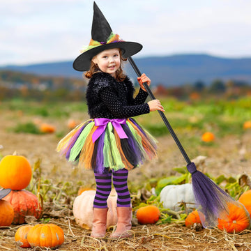 Satinior Halloween Tutu With Witch Hat Halloween Witch Costume Set For Girls Witch Tutu Skirt, Striped Tights And Plastic Witch Broom For Cosplay Party Favors Supplies