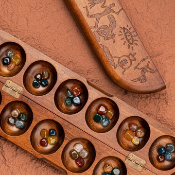Lingle Deluxe Mancala Board Game Set - Real Wood Hinged Folding Board With 48 Mixed Natural Gemstones, Authentic African Petroglyphs, Foldable Design For 2-Player Strategy Game, Portable Game