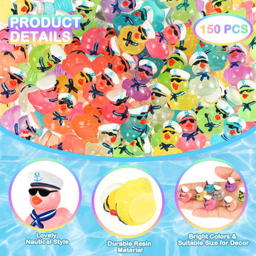 RoundFunny 250 Pcs Mini Resin Cruise Ducks with Sunglasses Bulk Glow in The Dark Tiny Colorful Sailing Rubber Cruise Ducks for M