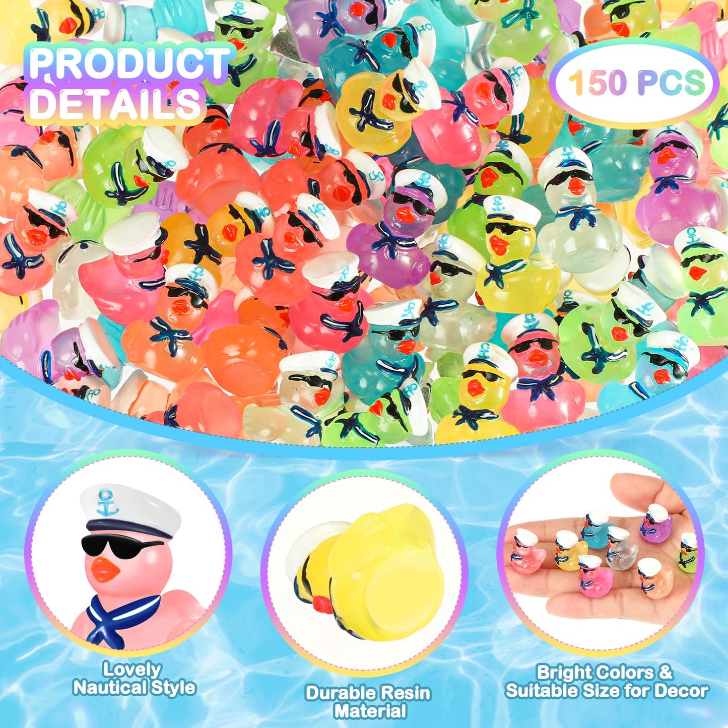RoundFunny 250 Pcs Mini Resin Cruise Ducks with Sunglasses Bulk Glow in The Dark Tiny Colorful Sailing Rubber Cruise Ducks for M