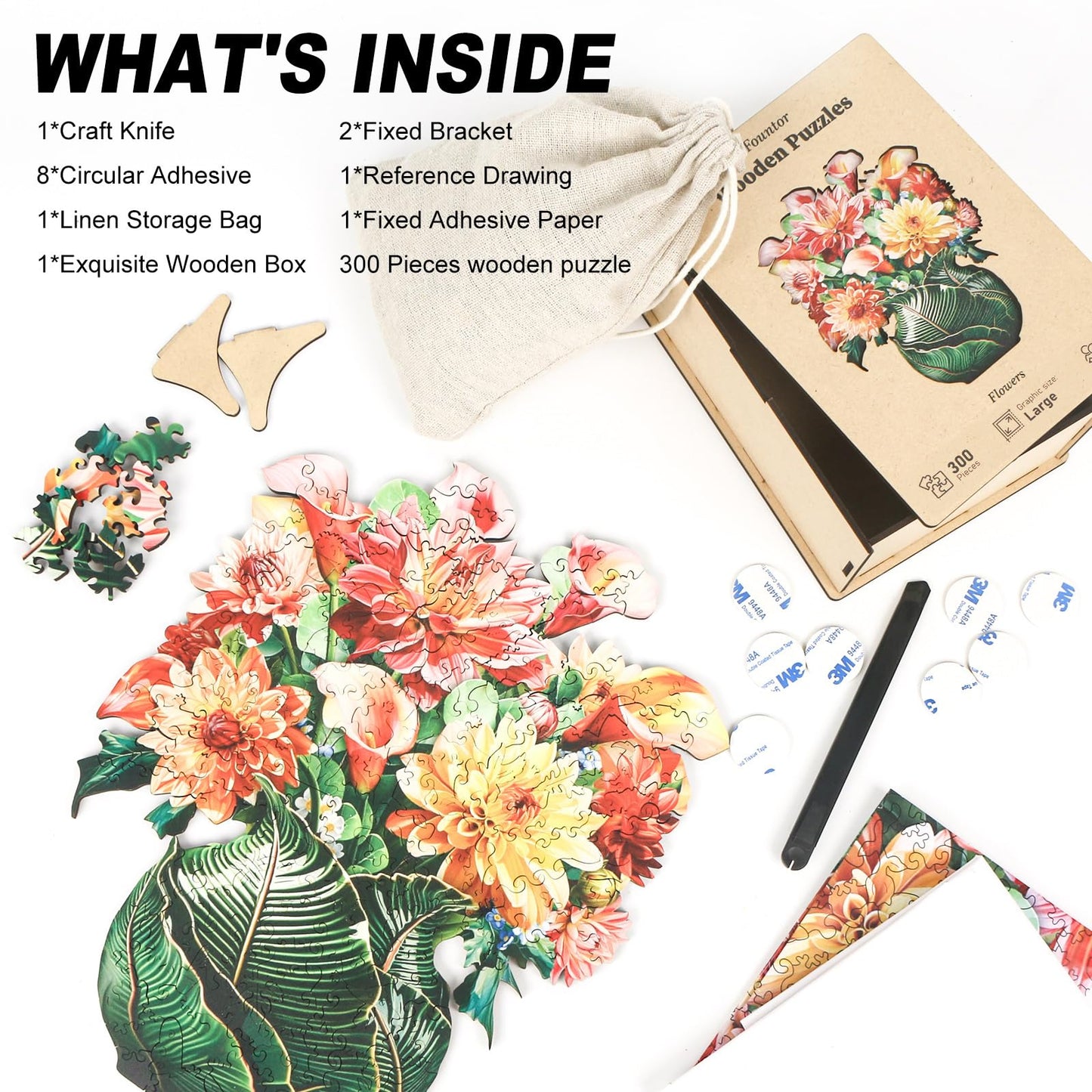 Flower Wooden Puzzles for mature-themeds  300pcs Flowers Wooden Jigsaw Puzzles for mature-themeds  Flower Unique Shaped Jigsaw Puzzles Creative Gift for Friend Family Game Large Size 13.4'' x 16.5''