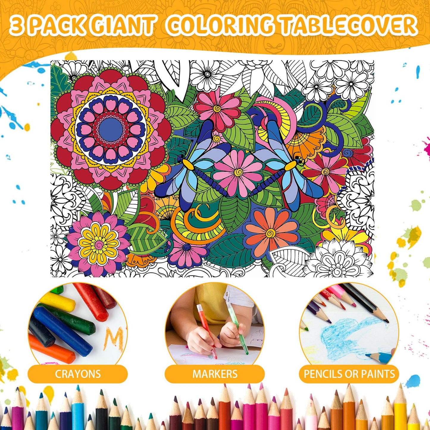 Sayglossy 3 Pcs Mandala Coloring Tablecloth 54 x 108 Inch Ocean Land Animal Drawing Poster End of The Year Gifts for Students Bu